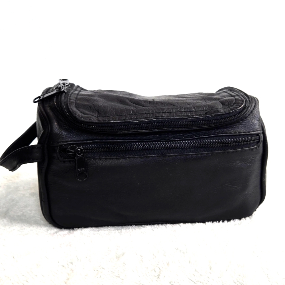 Leather Travel Toiletry Bag Black Dopp Kit Handbag Ykk